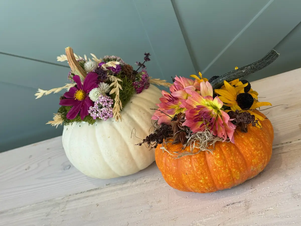 A white pumpkin and an orange pumpkin topped with dried florals
